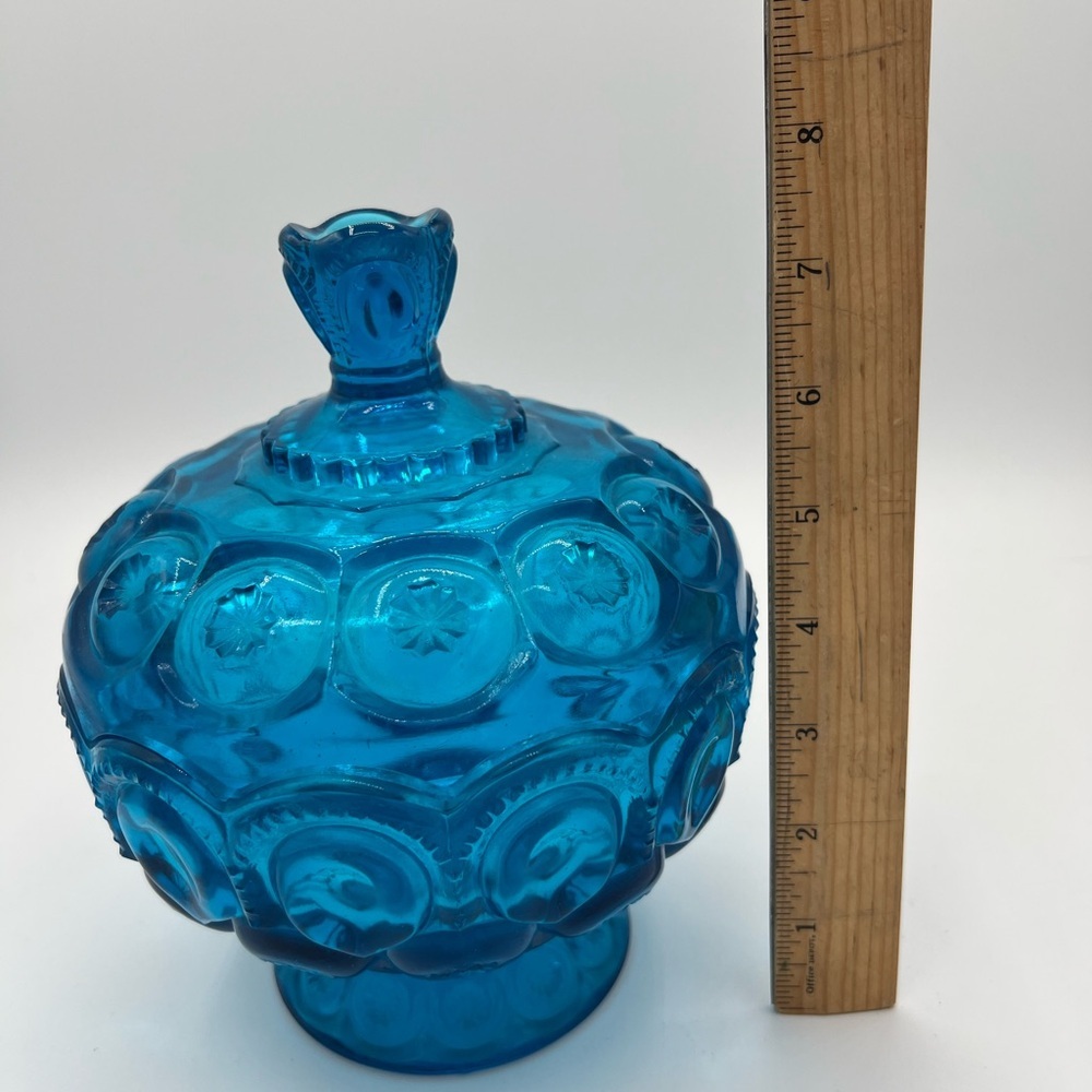 Vintage LE Smith Moon and Stars Blue Glass Lidded Compote Candy Dish - Picture 9 of 11